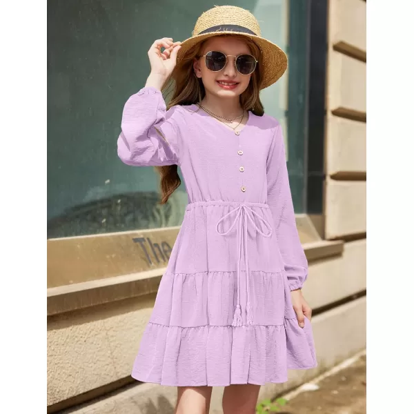 Arshiner Tween Girls Dresses Fall Long Sleeve V Neck Waist Tie Ruffle Tiered Swing Skater Dress