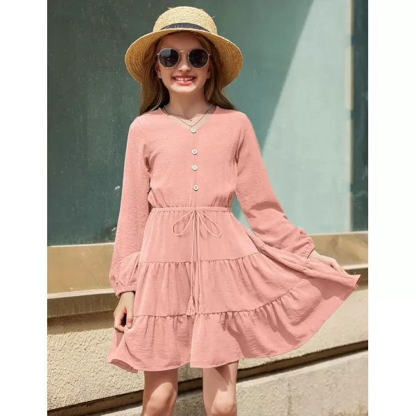 Arshiner Tween Girls Dresses Fall Long Sleeve V Neck Waist Tie Ruffle Tiered Swing Skater Dress