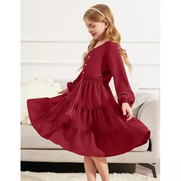 Arshiner Tween Girls Dresses Fall Long Sleeve V Neck Waist Tie Ruffle Tiered Swing Skater Dress