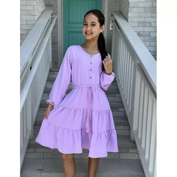 Arshiner Tween Girls Dresses Fall Long Sleeve V Neck Waist Tie Ruffle Tiered Swing Skater Dress