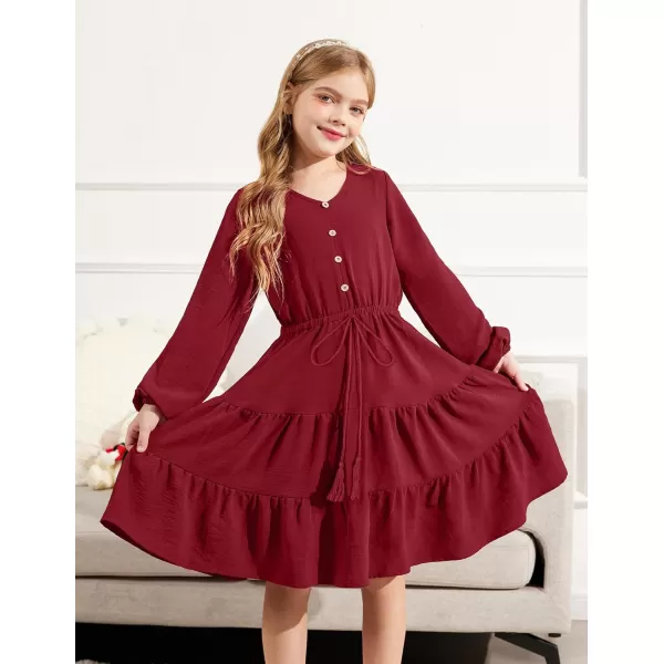 Arshiner Tween Girls Dresses Fall Long Sleeve V Neck Waist Tie Ruffle Tiered Swing Skater Dress