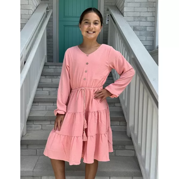 Arshiner Tween Girls Dresses Fall Long Sleeve V Neck Waist Tie Ruffle Tiered Swing Skater Dress