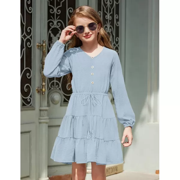 Arshiner Tween Girls Dresses Fall Long Sleeve V Neck Waist Tie Ruffle Tiered Swing Skater Dress