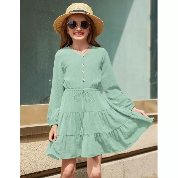 Arshiner Tween Girls Dresses Fall Long Sleeve V Neck Waist Tie Ruffle Tiered Swing Skater Dress