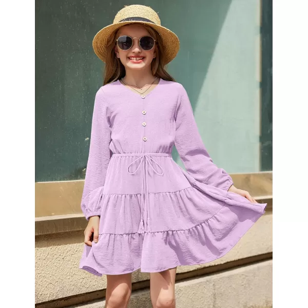 Arshiner Tween Girls Dresses Fall Long Sleeve V Neck Waist Tie Ruffle Tiered Swing Skater Dress