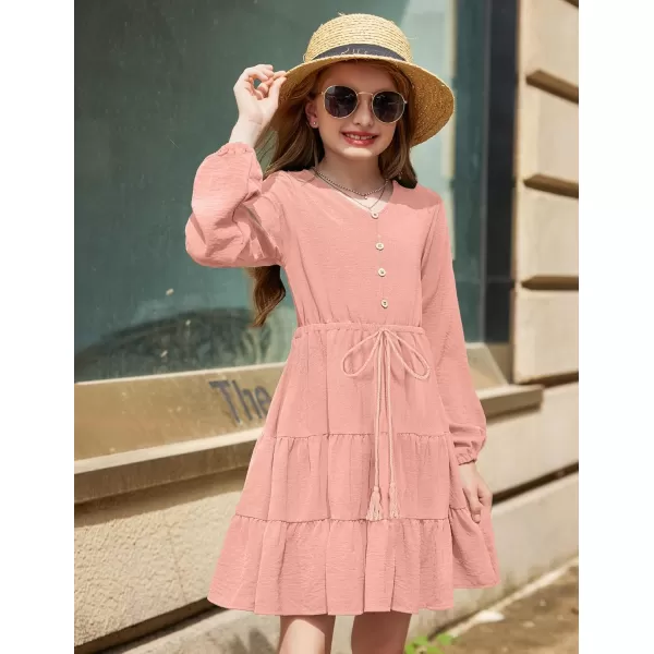 Arshiner Tween Girls Dresses Fall Long Sleeve V Neck Waist Tie Ruffle Tiered Swing Skater Dress