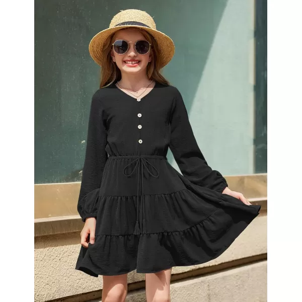 Arshiner Tween Girls Dresses Fall Long Sleeve V Neck Waist Tie Ruffle Tiered Swing Skater Dress