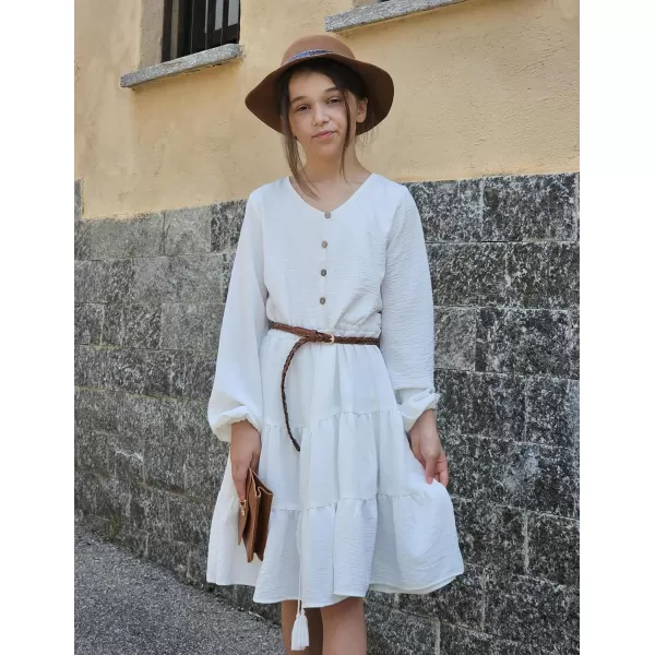 Arshiner Tween Girls Dresses Fall Long Sleeve V Neck Waist Tie Ruffle Tiered Swing Skater Dress