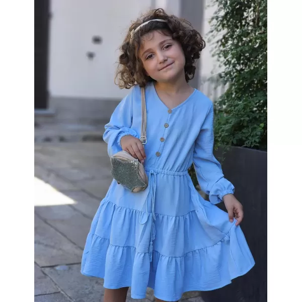 Arshiner Tween Girls Dresses Fall Long Sleeve V Neck Waist Tie Ruffle Tiered Swing Skater Dress