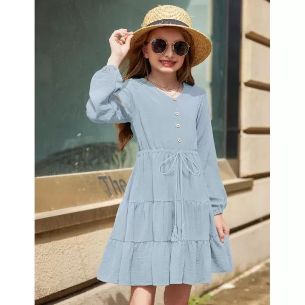 Arshiner Tween Girls Dresses Fall Long Sleeve V Neck Waist Tie Ruffle Tiered Swing Skater Dress