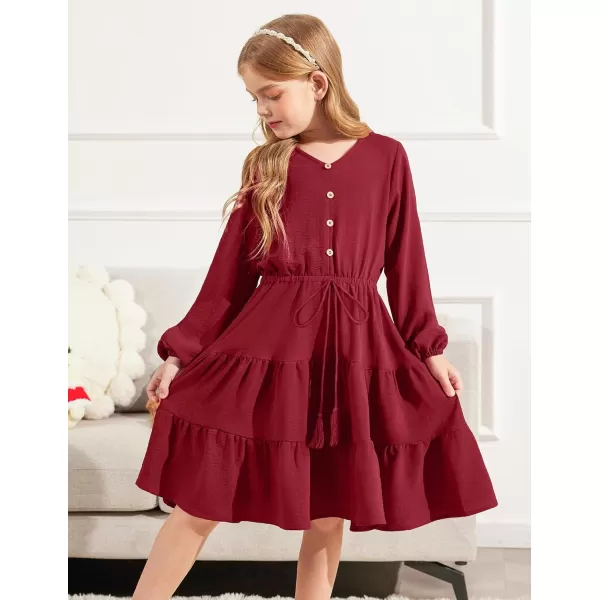 Arshiner Tween Girls Dresses Fall Long Sleeve V Neck Waist Tie Ruffle Tiered Swing Skater Dress