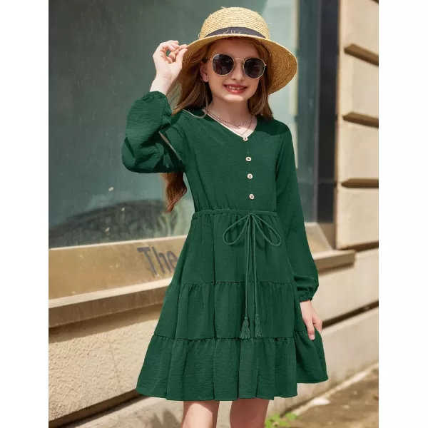 Arshiner Tween Girls Dresses Fall Long Sleeve V Neck Waist Tie Ruffle Tiered Swing Skater Dress
