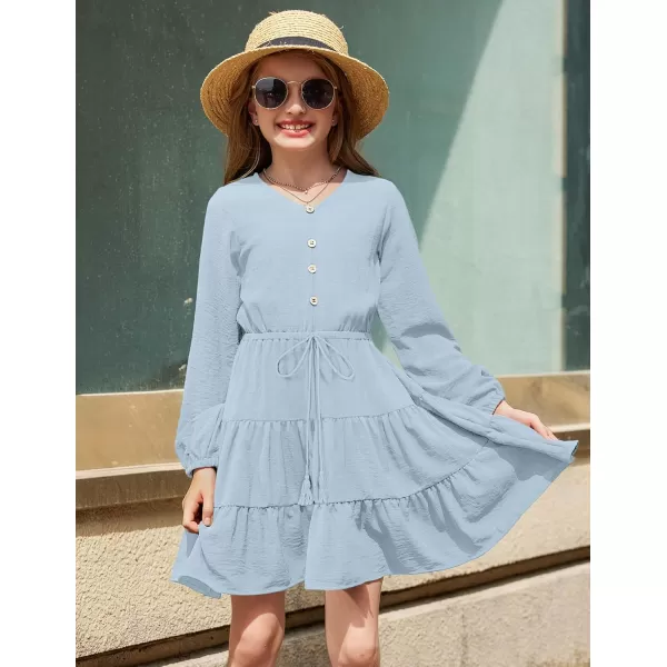 Arshiner Tween Girls Dresses Fall Long Sleeve V Neck Waist Tie Ruffle Tiered Swing Skater Dress