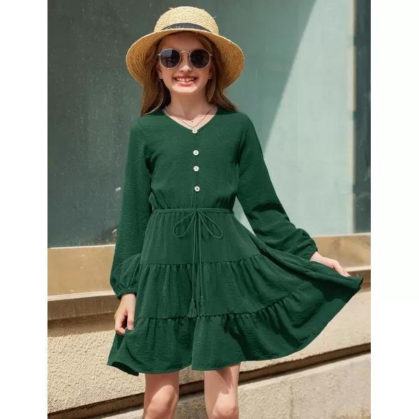Arshiner Tween Girls Dresses Fall Long Sleeve V Neck Waist Tie Ruffle Tiered Swing Skater Dress