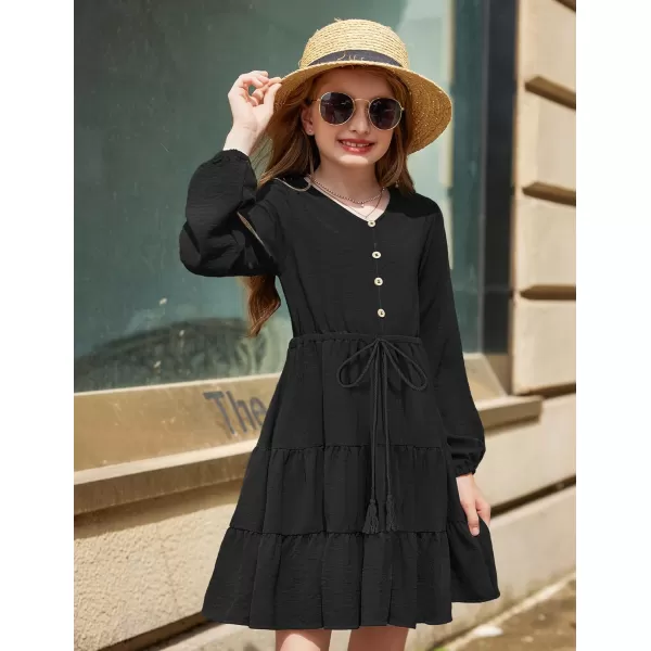 Arshiner Tween Girls Dresses Fall Long Sleeve V Neck Waist Tie Ruffle Tiered Swing Skater Dress