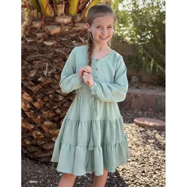 Arshiner Tween Girls Dresses Fall Long Sleeve V Neck Waist Tie Ruffle Tiered Swing Skater Dress