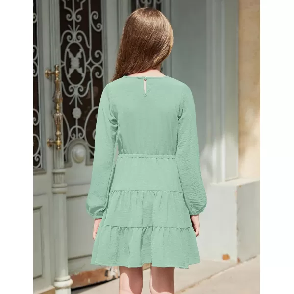 Arshiner Tween Girls Dresses Fall Long Sleeve V Neck Waist Tie Ruffle Tiered Swing Skater Dress