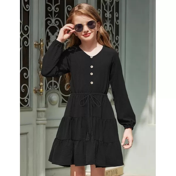 Arshiner Tween Girls Dresses Fall Long Sleeve V Neck Waist Tie Ruffle Tiered Swing Skater Dress