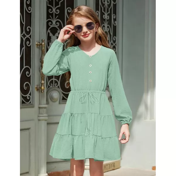 Arshiner Tween Girls Dresses Fall Long Sleeve V Neck Waist Tie Ruffle Tiered Swing Skater Dress