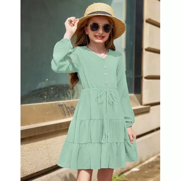 Arshiner Tween Girls Dresses Fall Long Sleeve V Neck Waist Tie Ruffle Tiered Swing Skater Dress