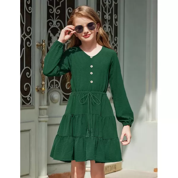 Arshiner Tween Girls Dresses Fall Long Sleeve V Neck Waist Tie Ruffle Tiered Swing Skater Dress
