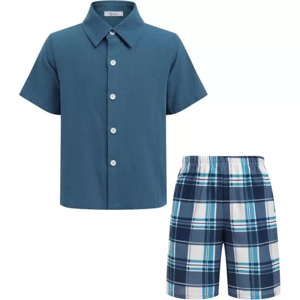Arshiner Boy's Button Down Shirts and Plaid Short Sets with Bucket Hat Casual Summer Outfits Kids Beach Set Navy Blue Size 6