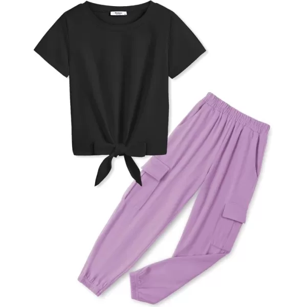 Arshiner Girls 2 Piece Outfits Short Sleeve Tie Knot Front Tee Tops and Cargo Jogger Pants Set Kids Clothing Sets