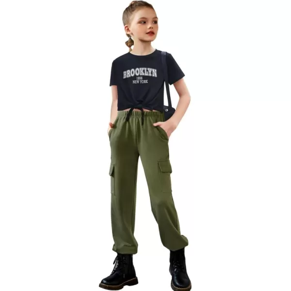 Arshiner Girls 2 Piece Outfits Short Sleeve Tie Knot Front Tee Tops and Cargo Jogger Pants Set Kids Clothing Sets