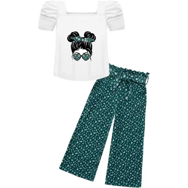 Arshiner Girls 2 Pieces Outfits Kids Square Neck Puff Sleeve Tops and Pants Set with Pockets 6-14 Years