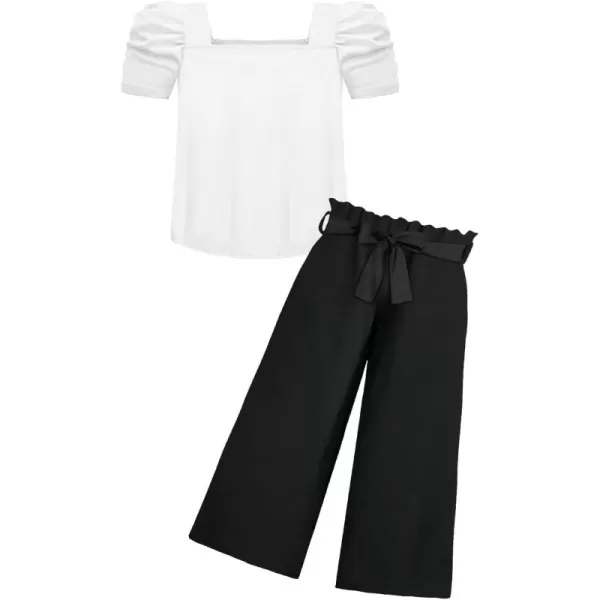 Arshiner Girls 2 Pieces Outfits Kids Square Neck Puff Sleeve Tops and Pants Set with Pockets 6-14 Years