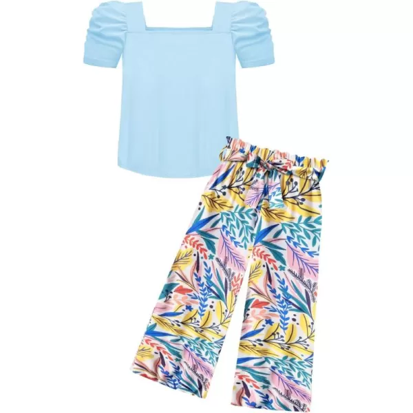 Arshiner Girls 2 Pieces Outfits Kids Square Neck Puff Sleeve Tops and Pants Set with Pockets 6-14 Years