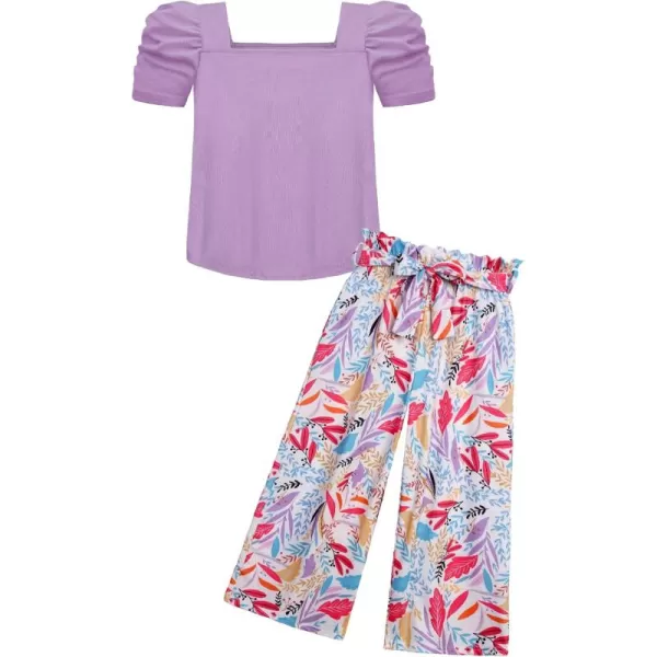 Arshiner Girls 2 Pieces Outfits Kids Square Neck Puff Sleeve Tops and Pants Set with Pockets 6-14 Years