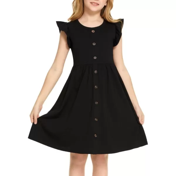 Arshiner Girls Dress Flutter Sleeve A-Line Button Down Sundress Casual Midi Dresses for 4-12 Years Kids
