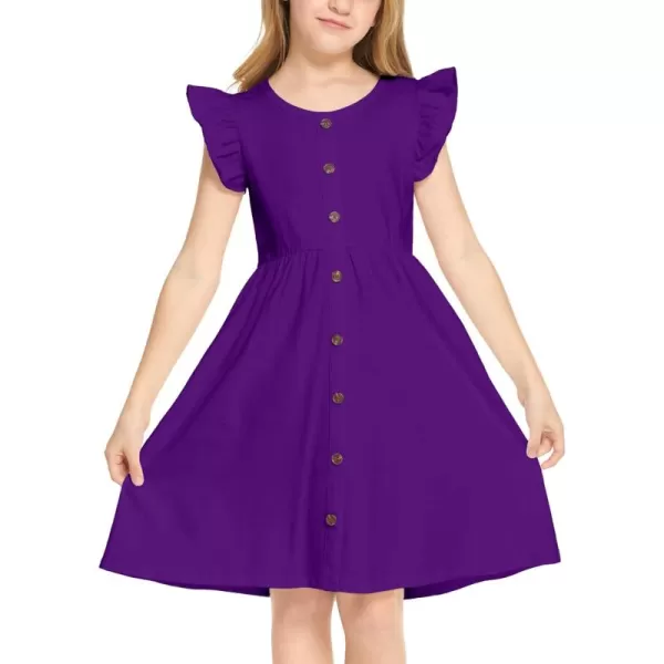 Arshiner Girls Dress Flutter Sleeve A-Line Button Down Sundress Casual Midi Dresses for 4-12 Years Kids