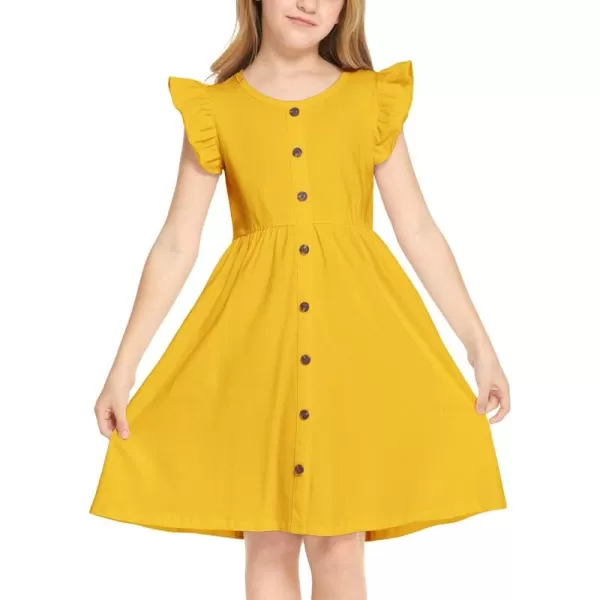 Arshiner Girls Dress Flutter Sleeve A-Line Button Down Sundress Casual Midi Dresses for 4-12 Years Kids