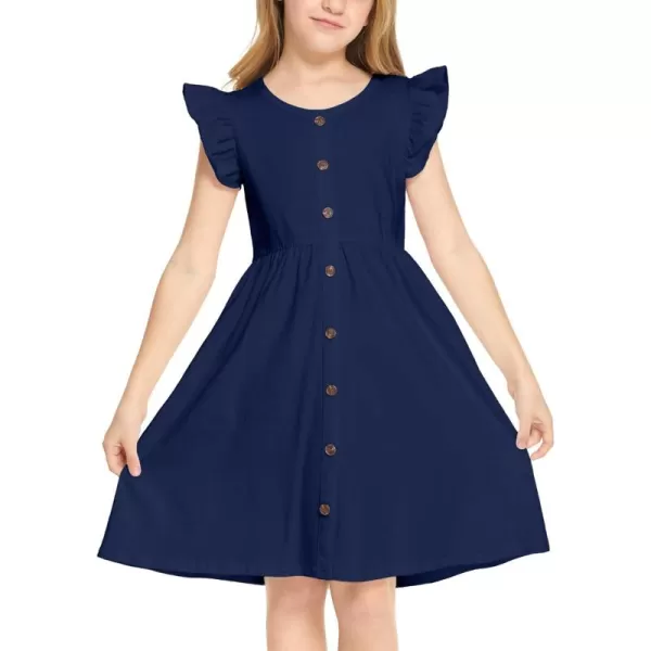 Arshiner Girls Dress Flutter Sleeve A-Line Button Down Sundress Casual Midi Dresses for 4-12 Years Kids