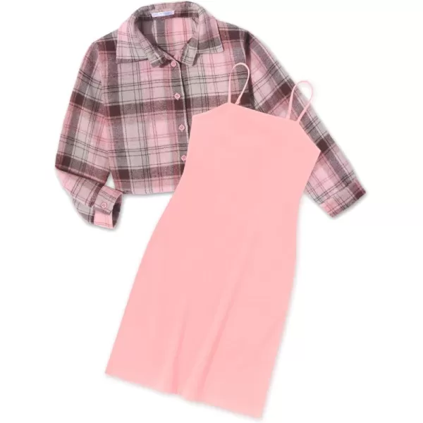 Arshiner Girls Dresses 2 Piece Outfit Cami Dress with Crop Button Up Blouse Shirt Clothing for 5-12 Years