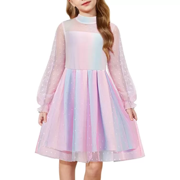 Arshiner Girls Dresses Contrast Mesh Puff Long Sleeve Mock Neck Formal Party A Line Short Tulle Dress