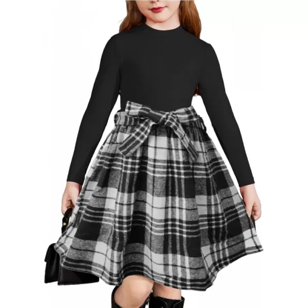 Arshiner Girls Dresses Long Sleeve Rib Knit Plaid Patchwork Belted Dress with Pockets