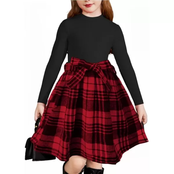 Arshiner Girls Dresses Long Sleeve Rib Knit Plaid Patchwork Belted Dress with Pockets