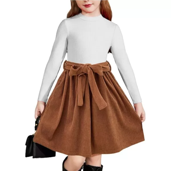 Arshiner Girls Dresses Long Sleeve Rib Knit Plaid Patchwork Belted Dress with Pockets