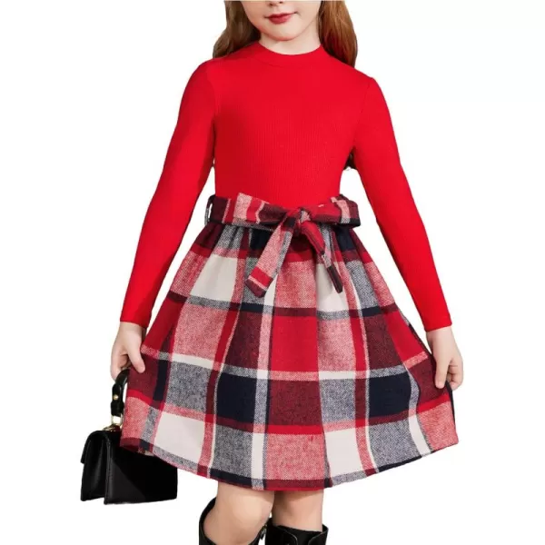 Arshiner Girls Dresses Long Sleeve Rib Knit Plaid Patchwork Belted Dress with Pockets