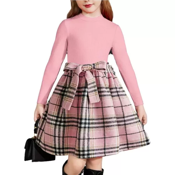 Arshiner Girls Dresses Long Sleeve Rib Knit Plaid Patchwork Belted Dress with Pockets