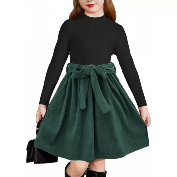 Arshiner Girls Dresses Long Sleeve Rib Knit Plaid Patchwork Belted Dress with Pockets