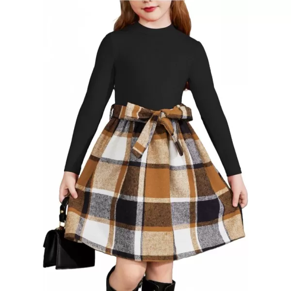 Arshiner Girls Dresses Long Sleeve Rib Knit Plaid Patchwork Belted Dress with Pockets
