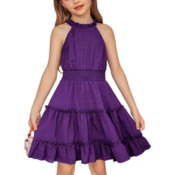 Arshiner Girls Halter Neck Sleeveless Dress Casual Flowy Swiss Dot Smocked Cute Summer Dress for 5-12 Years