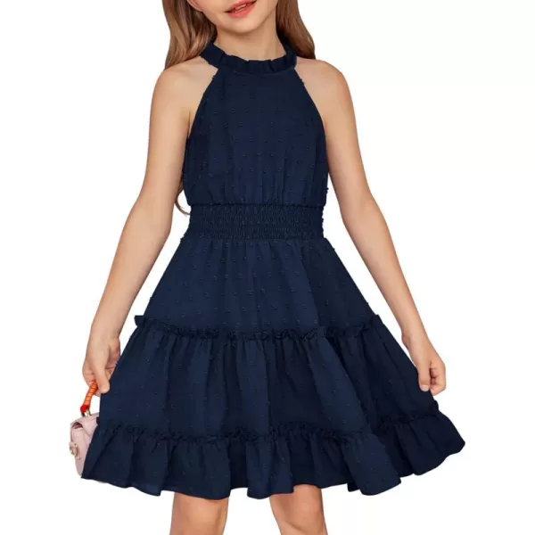 Arshiner Girls Halter Neck Sleeveless Dress Casual Flowy Swiss Dot Smocked Cute Summer Dress for 5-12 Years
