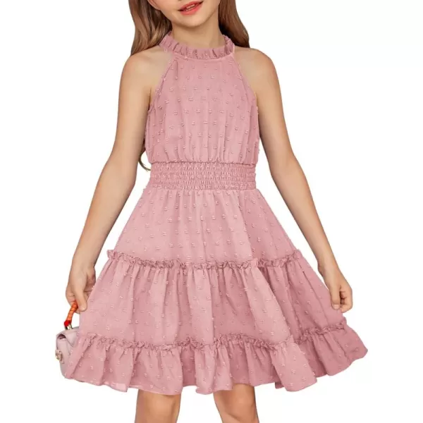 Arshiner Girls Halter Neck Sleeveless Dress Casual Flowy Swiss Dot Smocked Cute Summer Dress for 5-12 Years