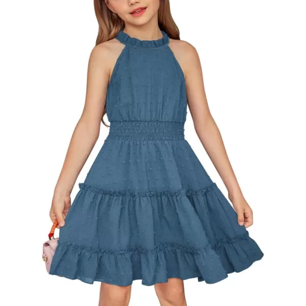 Arshiner Girls Halter Neck Sleeveless Dress Casual Flowy Swiss Dot Smocked Cute Summer Dress for 5-12 Years