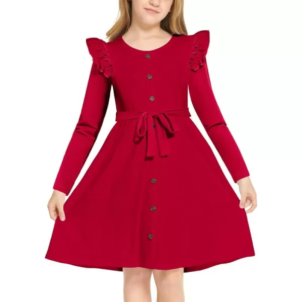 Arshiner Girls Long Sleeve Dress Casual Fall Dress A Line Belted Midi Dress with Pockets for Kids 5-14Y